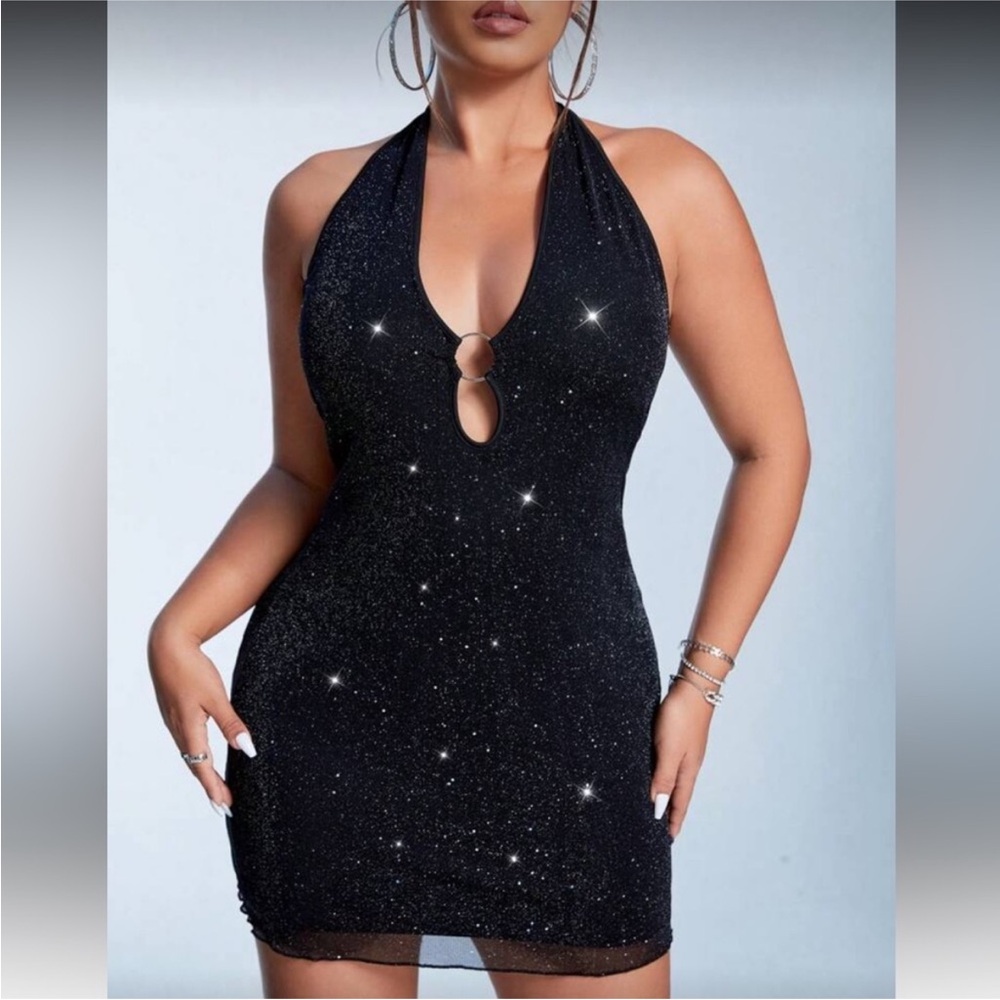 SHEIN Black Sparkle Halter Backless Mini Dress (0X)